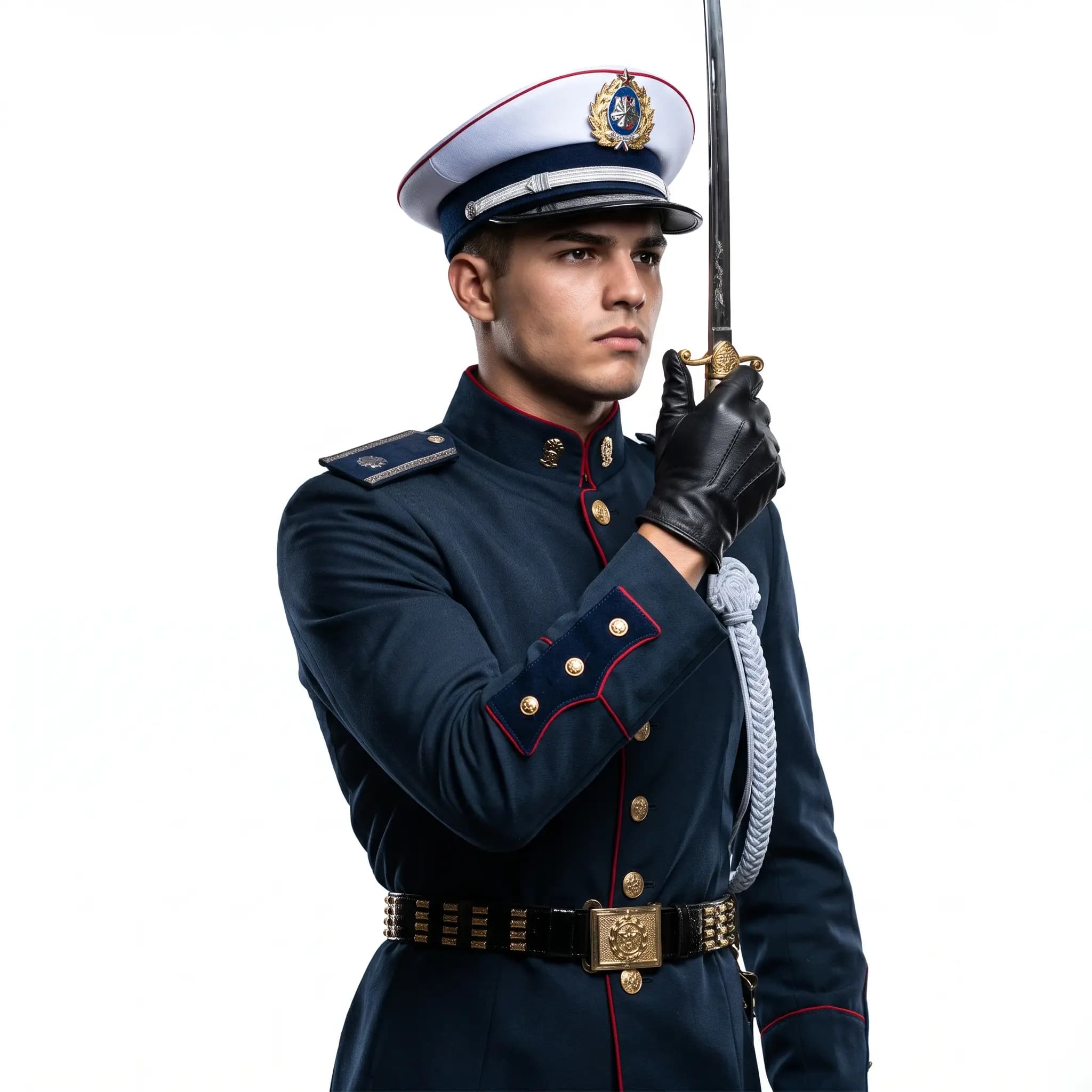 Cadete em farda de gala segurando um sabre